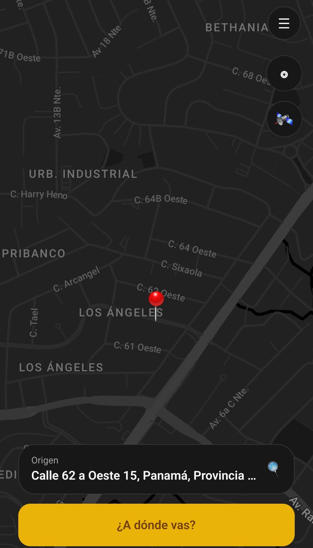Pantalla de la app de Alco: el mapa de la ciudad con el punto de recogida fijado y el botón para indicar el destino.