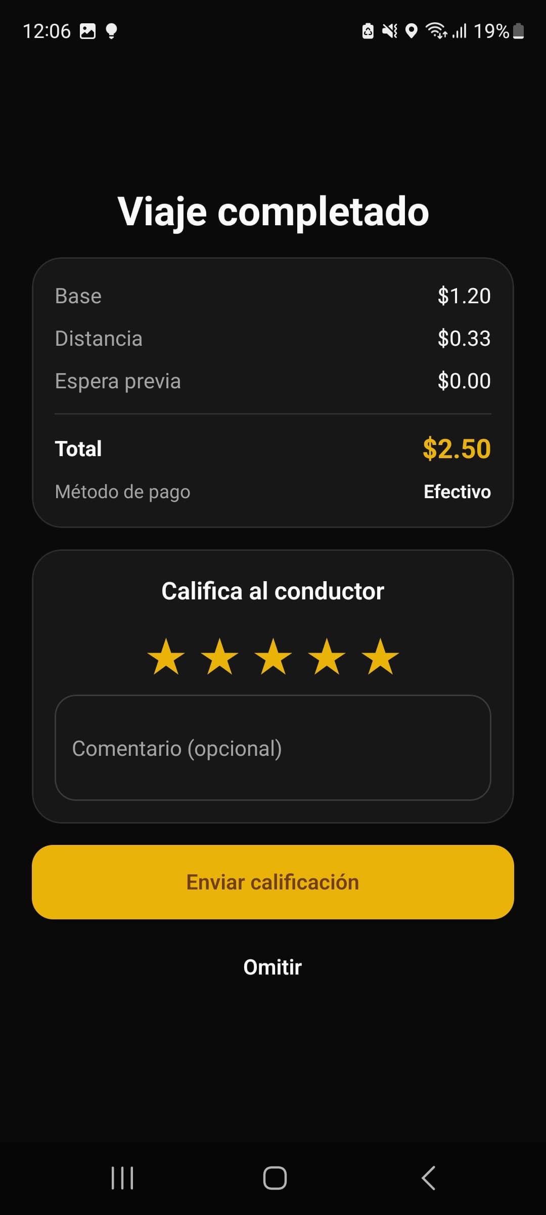 Pantalla de Alco Pasajero al terminar el viaje: el detalle de la tarifa partida en base, distancia y espera, el total, el método de pago y las estrellas para calificar al conductor.